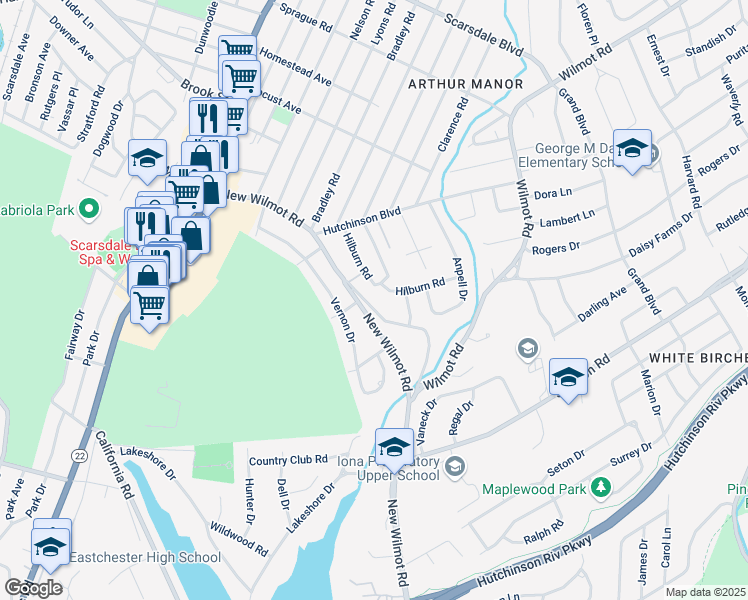 map of restaurants, bars, coffee shops, grocery stores, and more near 177 Old Wilmot Road in Scarsdale