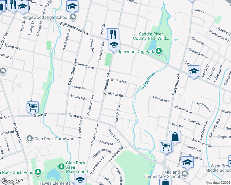 map of restaurants, bars, coffee shops, grocery stores, and more near 627 Alanon Road in Ridgewood
