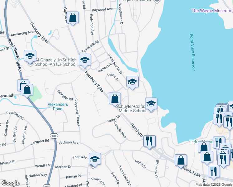 map of restaurants, bars, coffee shops, grocery stores, and more near 16 Van Riper Road in Wayne