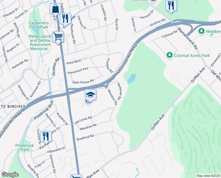 map of restaurants, bars, coffee shops, grocery stores, and more near 3 Meadow Road in Scarsdale