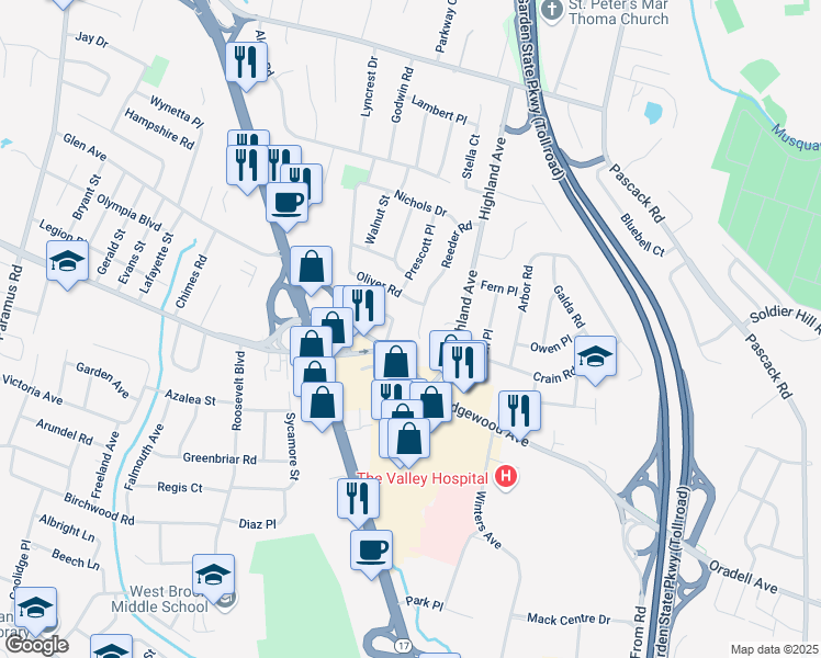 map of restaurants, bars, coffee shops, grocery stores, and more near 704 Stevens Court in Paramus