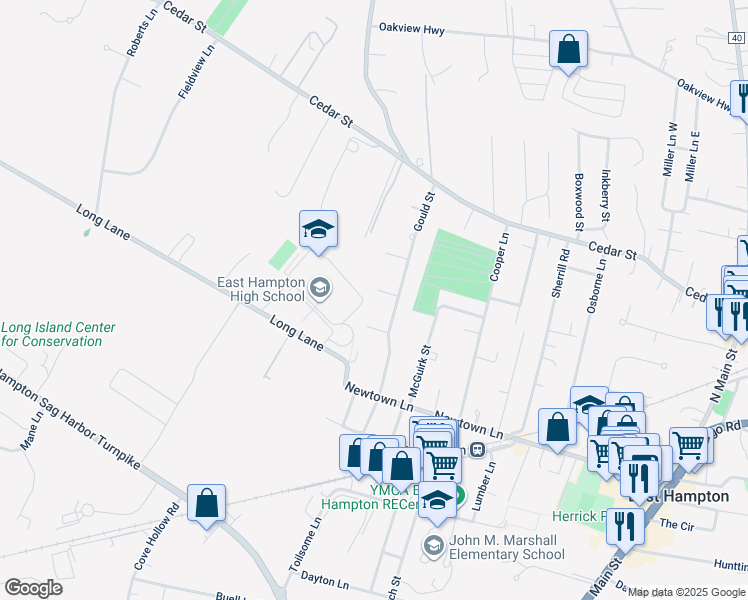 map of restaurants, bars, coffee shops, grocery stores, and more near 1 Sally Court in East Hampton