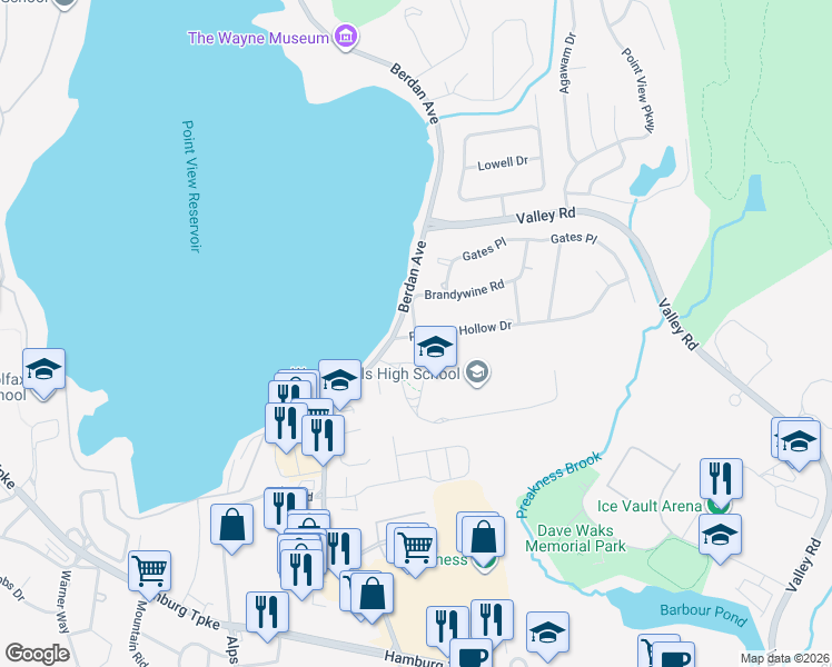 map of restaurants, bars, coffee shops, grocery stores, and more near 32 Pancake Hollow Drive in Wayne