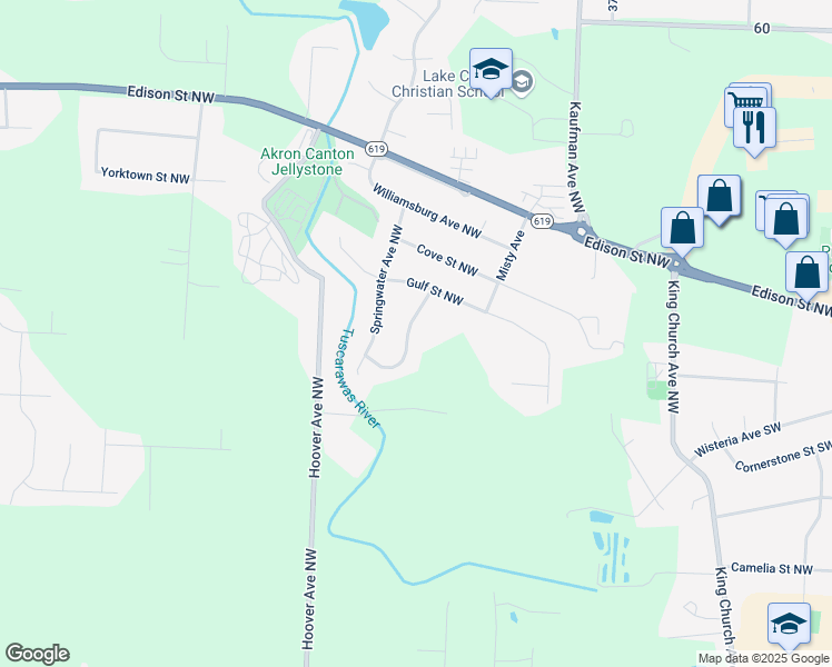 map of restaurants, bars, coffee shops, grocery stores, and more near 12392 Waterfall Avenue Northwest in Uniontown