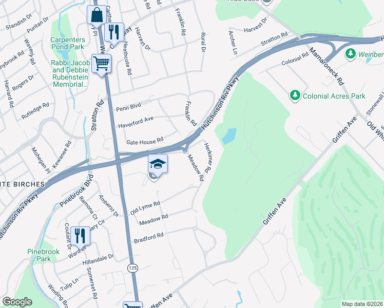 map of restaurants, bars, coffee shops, grocery stores, and more near 3 Meadow Road in Scarsdale