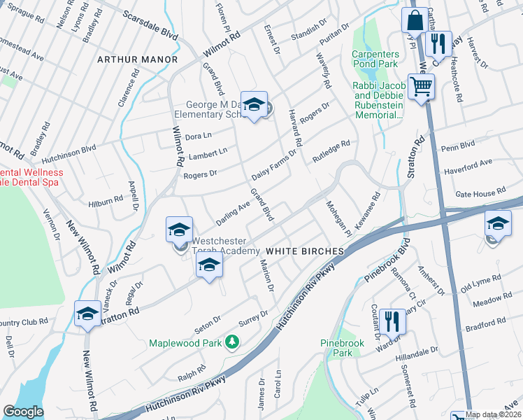 map of restaurants, bars, coffee shops, grocery stores, and more near 47 Stanton Circle in New Rochelle