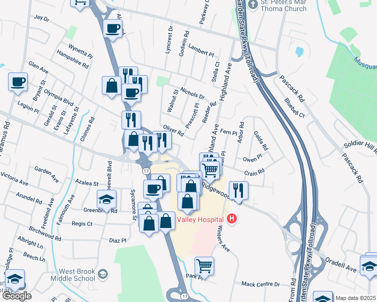 map of restaurants, bars, coffee shops, grocery stores, and more near 704 Stevens Court in Paramus