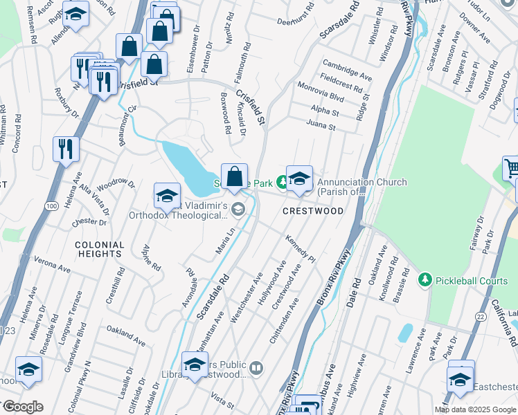 map of restaurants, bars, coffee shops, grocery stores, and more near Scarsdale Road in Yonkers