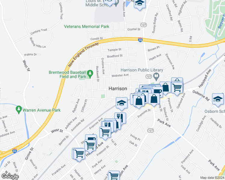 map of restaurants, bars, coffee shops, grocery stores, and more near 35 Post Place in Harrison
