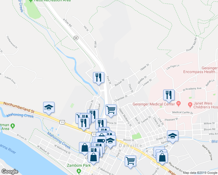 map of restaurants, bars, coffee shops, grocery stores, and more near 1607 Leighow Street in Danville