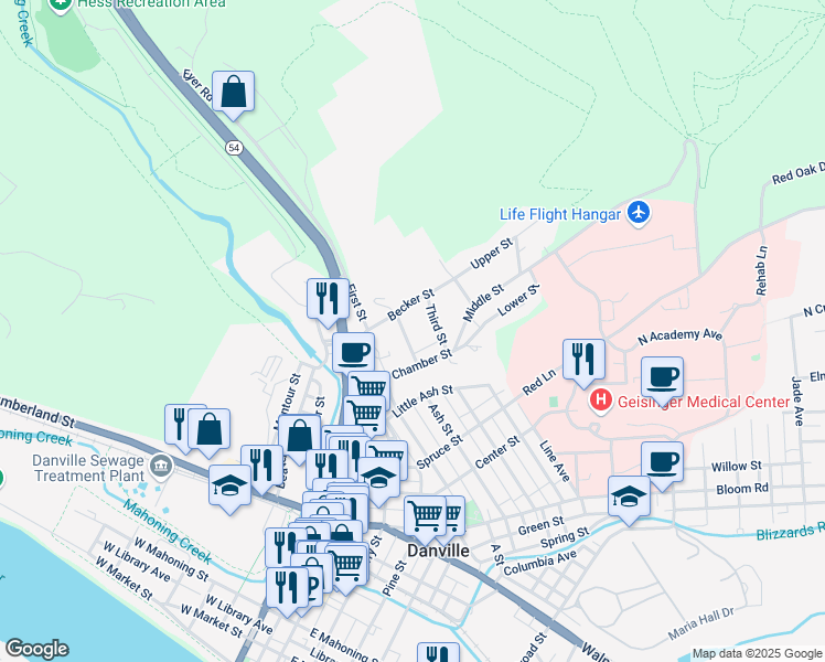 map of restaurants, bars, coffee shops, grocery stores, and more near 1574 Second Street in Danville