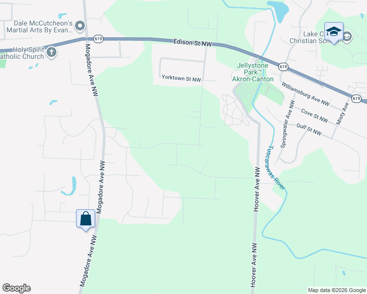 map of restaurants, bars, coffee shops, grocery stores, and more near 12601 Jamestown Avenue Northwest in Uniontown