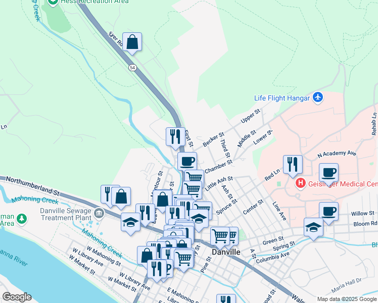 map of restaurants, bars, coffee shops, grocery stores, and more near 1607 Leighow Street in Danville