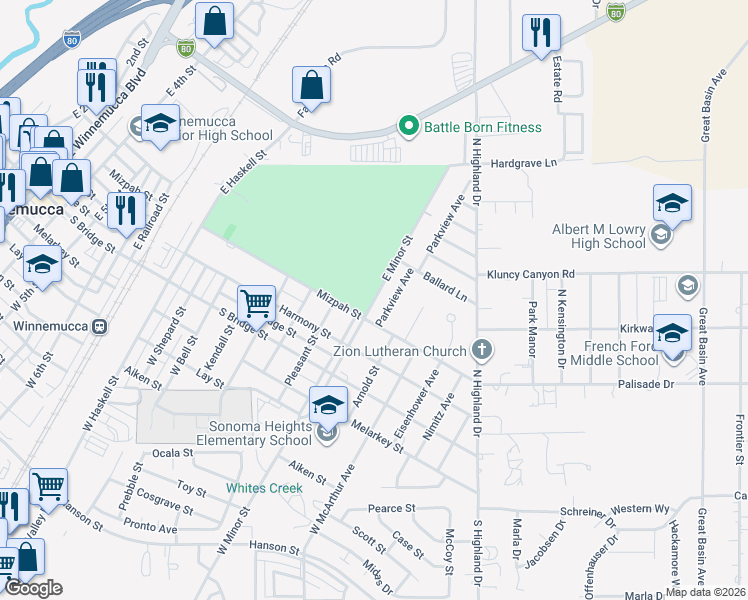 map of restaurants, bars, coffee shops, grocery stores, and more near 230 East Minor Street in Winnemucca