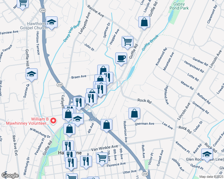 map of restaurants, bars, coffee shops, grocery stores, and more near 1157 Goffle Road in Hawthorne