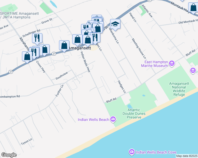 map of restaurants, bars, coffee shops, grocery stores, and more near 50 Saint Marys Lane in East Hampton