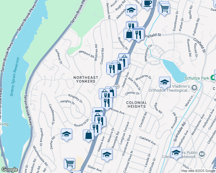 map of restaurants, bars, coffee shops, grocery stores, and more near 52 Elissa Lane in Yonkers