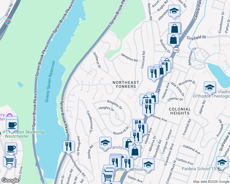 map of restaurants, bars, coffee shops, grocery stores, and more near 143 Windermere Drive in Yonkers