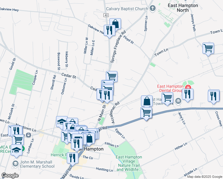 map of restaurants, bars, coffee shops, grocery stores, and more near 132 North Main Street in East Hampton
