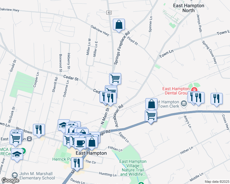map of restaurants, bars, coffee shops, grocery stores, and more near 132 North Main Street in East Hampton