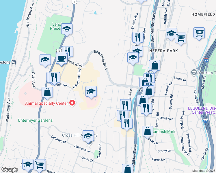 map of restaurants, bars, coffee shops, grocery stores, and more near 700 Bellevue Avenue North in Yonkers