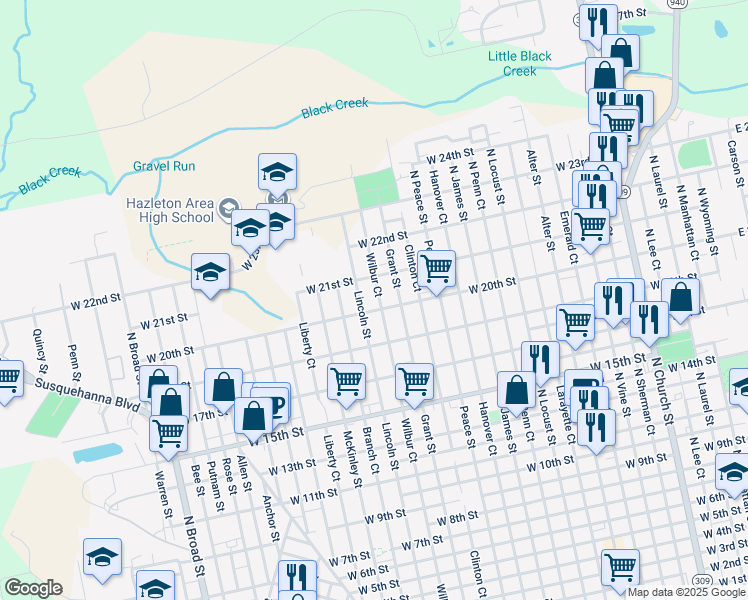 map of restaurants, bars, coffee shops, grocery stores, and more near 950 Wilbur Court in Hazleton