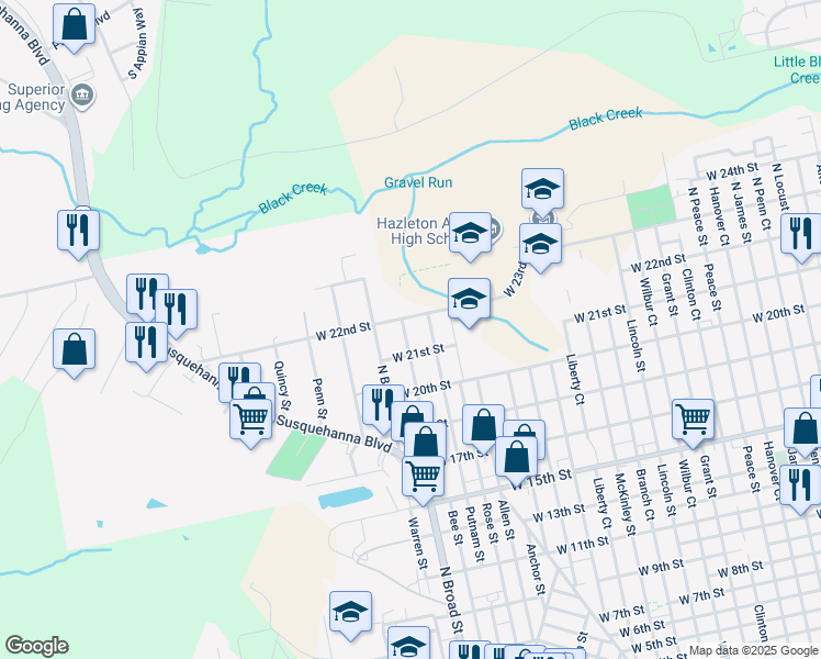 map of restaurants, bars, coffee shops, grocery stores, and more near 677 Landmesser Avenue in West Hazleton