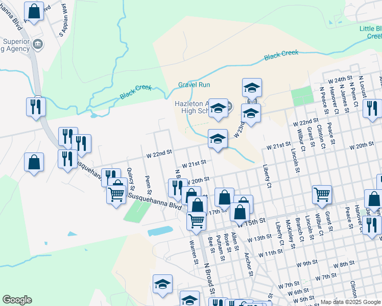 map of restaurants, bars, coffee shops, grocery stores, and more near 677 Landmesser Avenue in West Hazleton