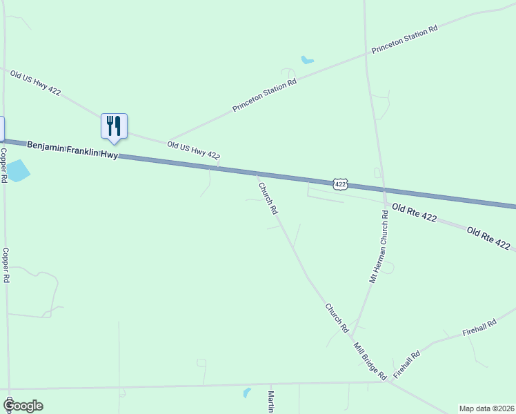 map of restaurants, bars, coffee shops, grocery stores, and more near 3469 Church Road in New Castle