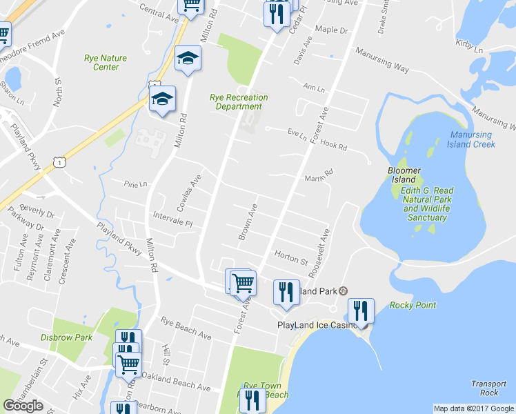 map of restaurants, bars, coffee shops, grocery stores, and more near 32 Lynden Street in Rye