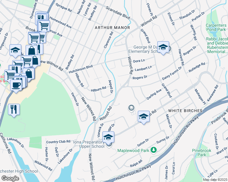 map of restaurants, bars, coffee shops, grocery stores, and more near 29 Anpell Drive in Scarsdale