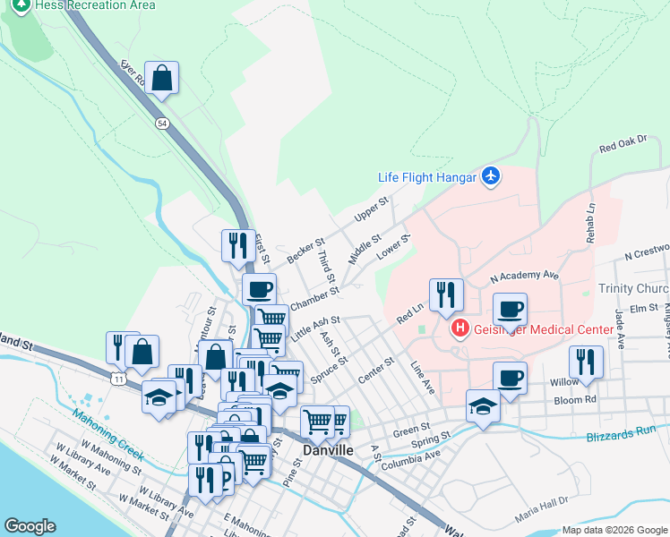 map of restaurants, bars, coffee shops, grocery stores, and more near 18 3rd St in Danville