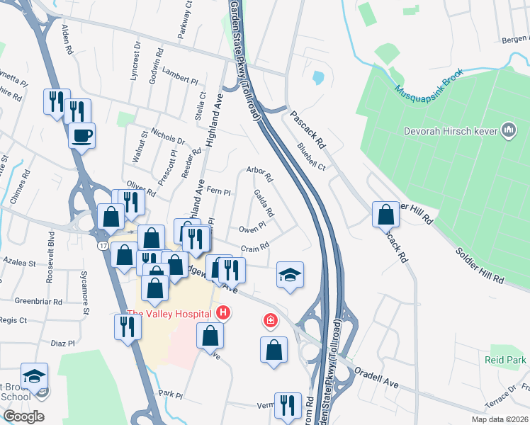 map of restaurants, bars, coffee shops, grocery stores, and more near 128 Owen Place in Paramus