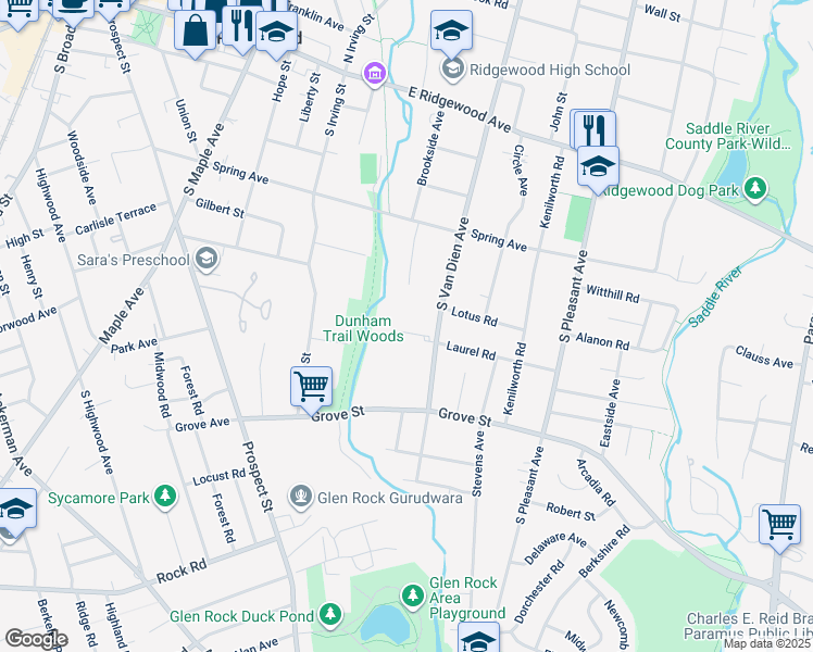 map of restaurants, bars, coffee shops, grocery stores, and more near 304 South Van Dien Avenue in Ridgewood