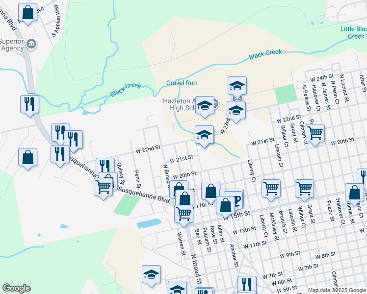 map of restaurants, bars, coffee shops, grocery stores, and more near 654 Putnam Street in Luzerne County