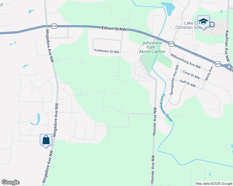 map of restaurants, bars, coffee shops, grocery stores, and more near 12601 Jamestown Avenue Northwest in Uniontown
