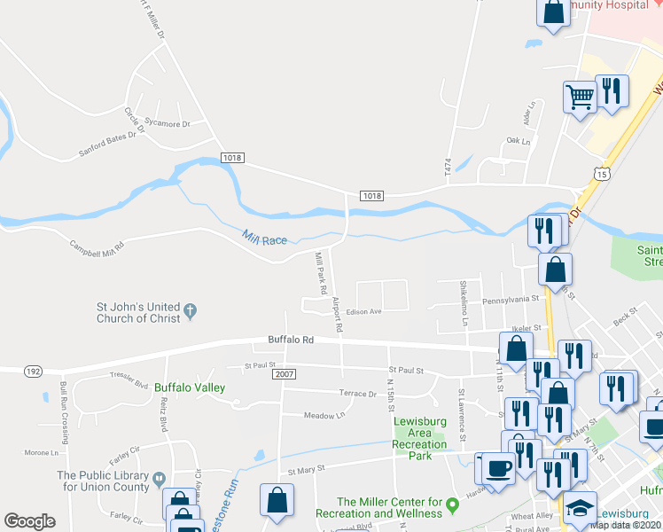 map of restaurants, bars, coffee shops, grocery stores, and more near 436 Airport Road in Lewisburg