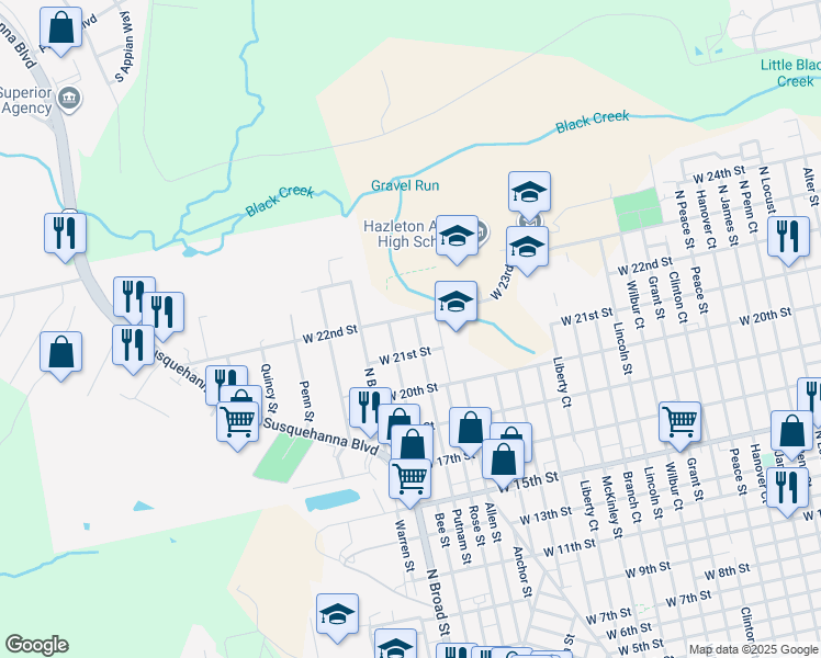 map of restaurants, bars, coffee shops, grocery stores, and more near 654 Putnam Street in Luzerne County