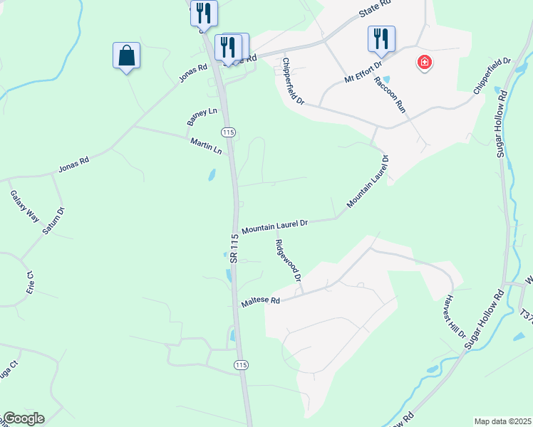 map of restaurants, bars, coffee shops, grocery stores, and more near 2225 Mountain Laurel Drive in Effort