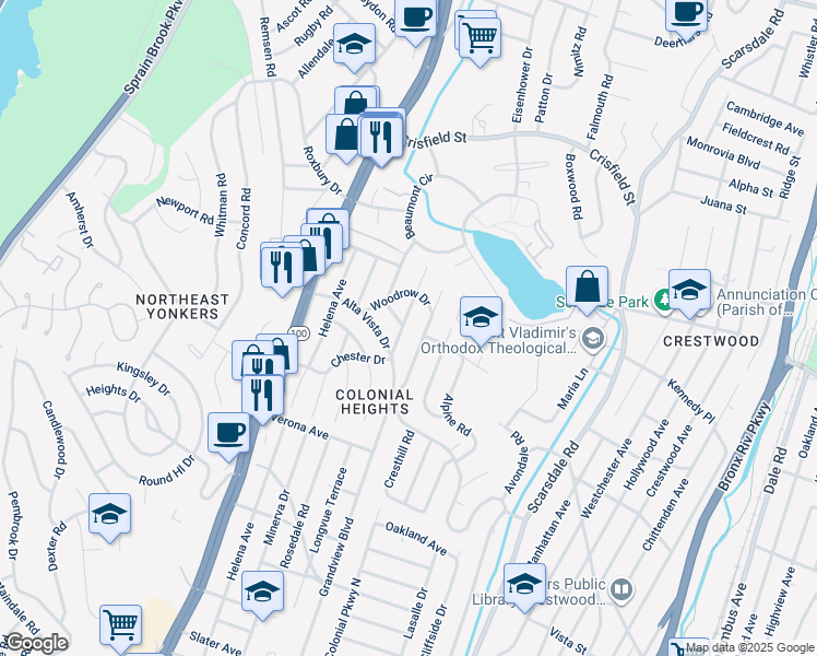 map of restaurants, bars, coffee shops, grocery stores, and more near 337 Grandview Boulevard in Yonkers
