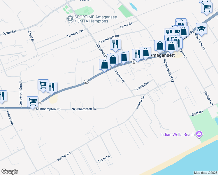 map of restaurants, bars, coffee shops, grocery stores, and more near 52 Handy Lane in East Hampton