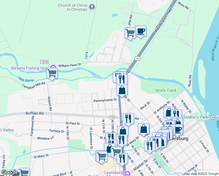 map of restaurants, bars, coffee shops, grocery stores, and more near 623 Matlack Avenue in Lewisburg