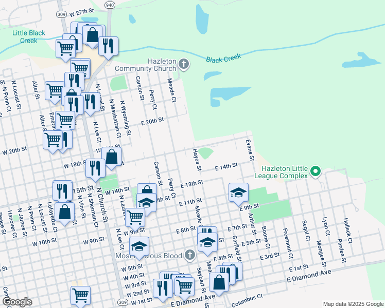 map of restaurants, bars, coffee shops, grocery stores, and more near 844 Hayes Street in Hazleton