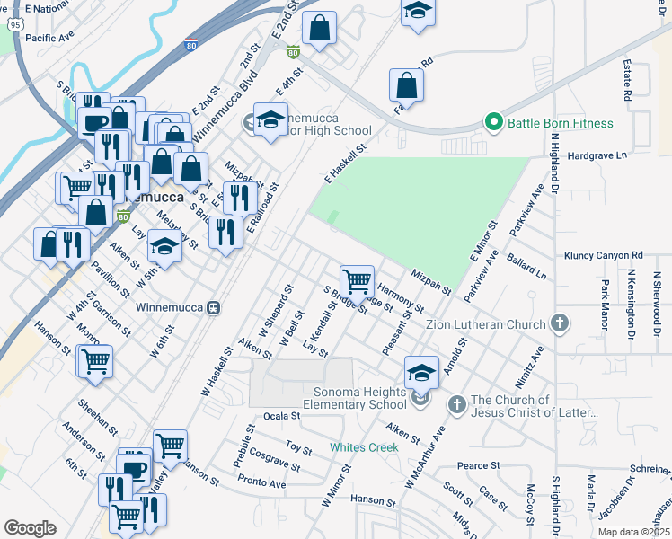 map of restaurants, bars, coffee shops, grocery stores, and more near 1053 South Bridge Street in Winnemucca