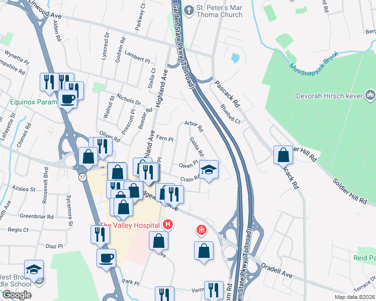 map of restaurants, bars, coffee shops, grocery stores, and more near 115 Owen Place in Paramus
