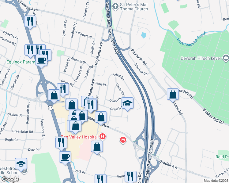 map of restaurants, bars, coffee shops, grocery stores, and more near 115 Owen Place in Paramus