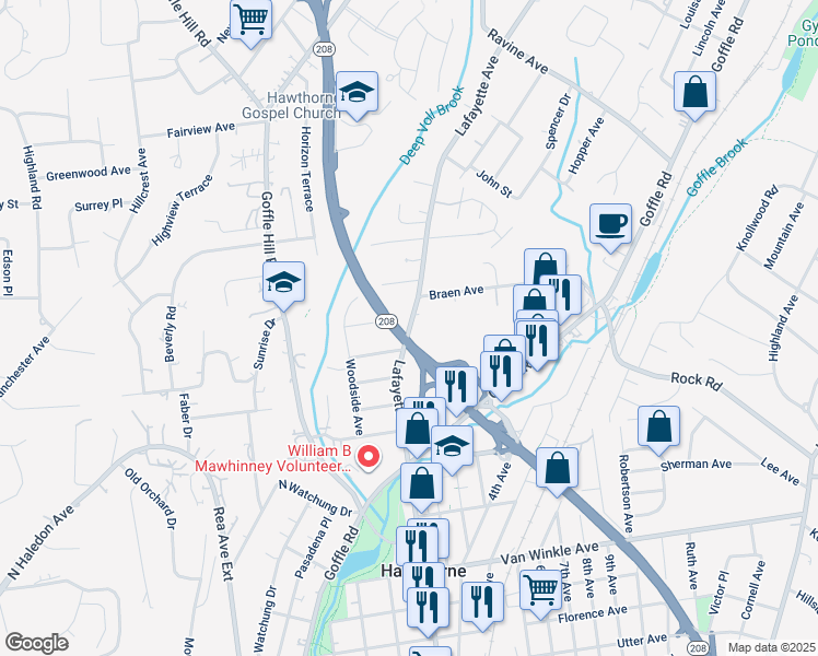 map of restaurants, bars, coffee shops, grocery stores, and more near 919 Lafayette Avenue in Hawthorne