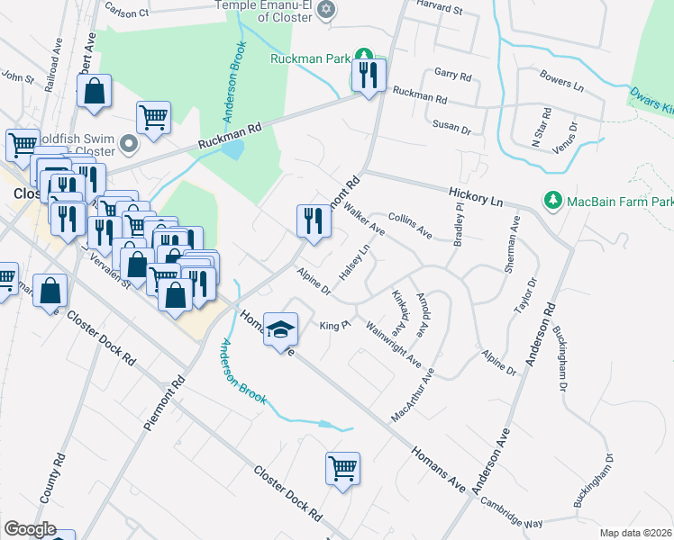 map of restaurants, bars, coffee shops, grocery stores, and more near 32 Alpine Drive in Closter