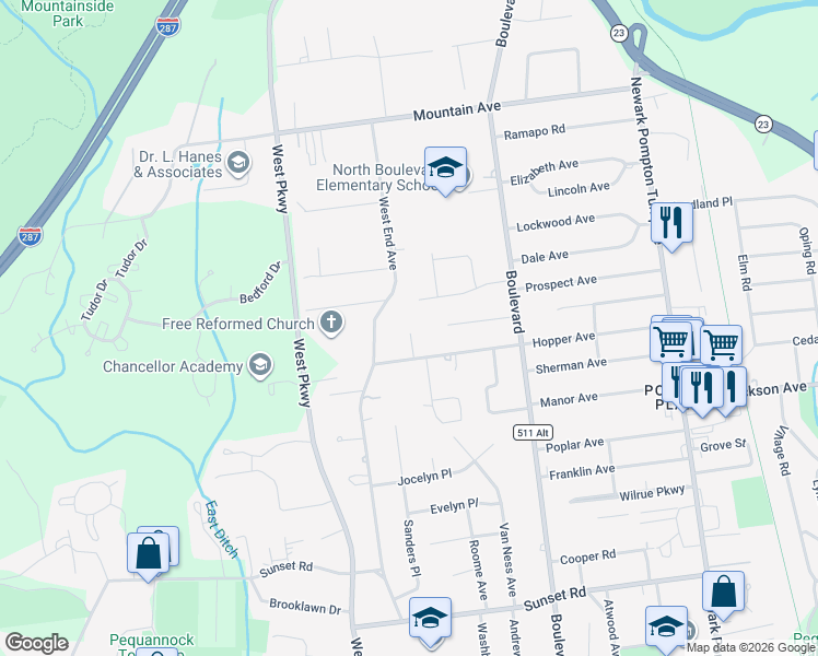 map of restaurants, bars, coffee shops, grocery stores, and more near 1 Dorothy Lane in Pequannock Township
