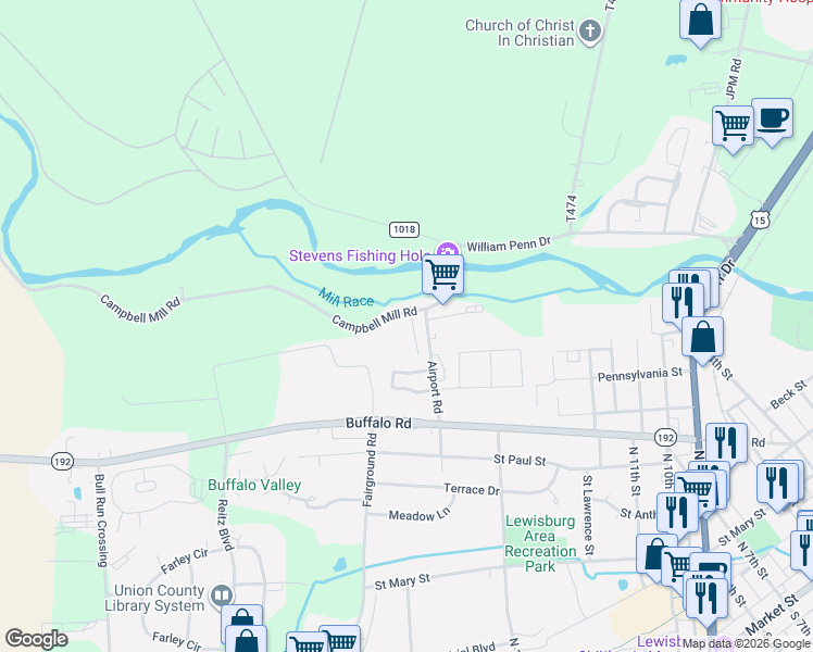 map of restaurants, bars, coffee shops, grocery stores, and more near 437 Airport Road in Lewisburg
